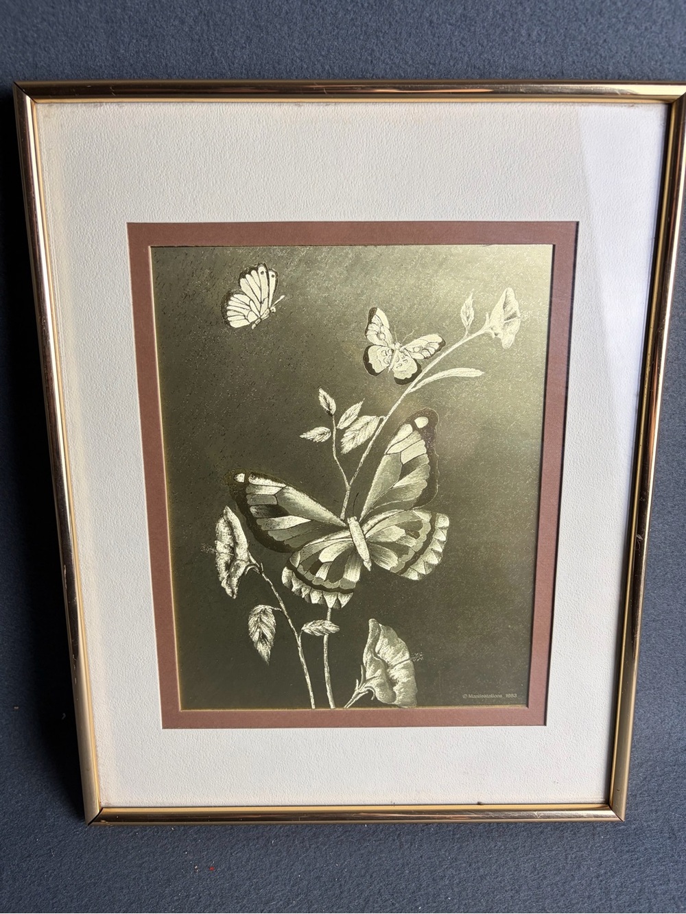 Vintage 1983 Manifestations Gold Butterfly Framed Wall Art Optical Illusionary